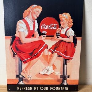 VINTAGE COCA-COLA REFRESH AT OUR FOUNTAIN 16"X13" TIN METAL SIGN ADVERTISING USA